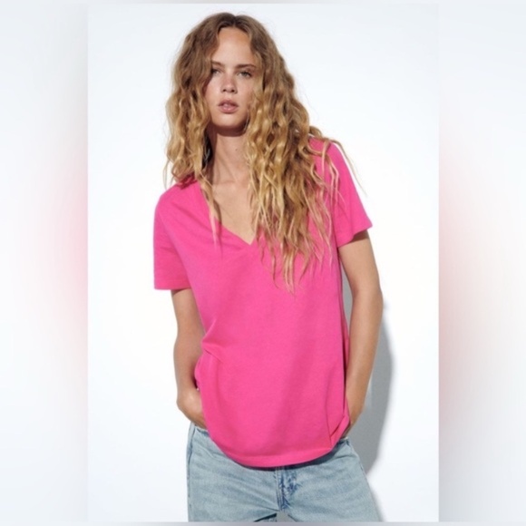Zara Pink Basic Lightweight V-neck Fitted Short Sleeve T-Shirt Size L NEW - Picture 1 of 9